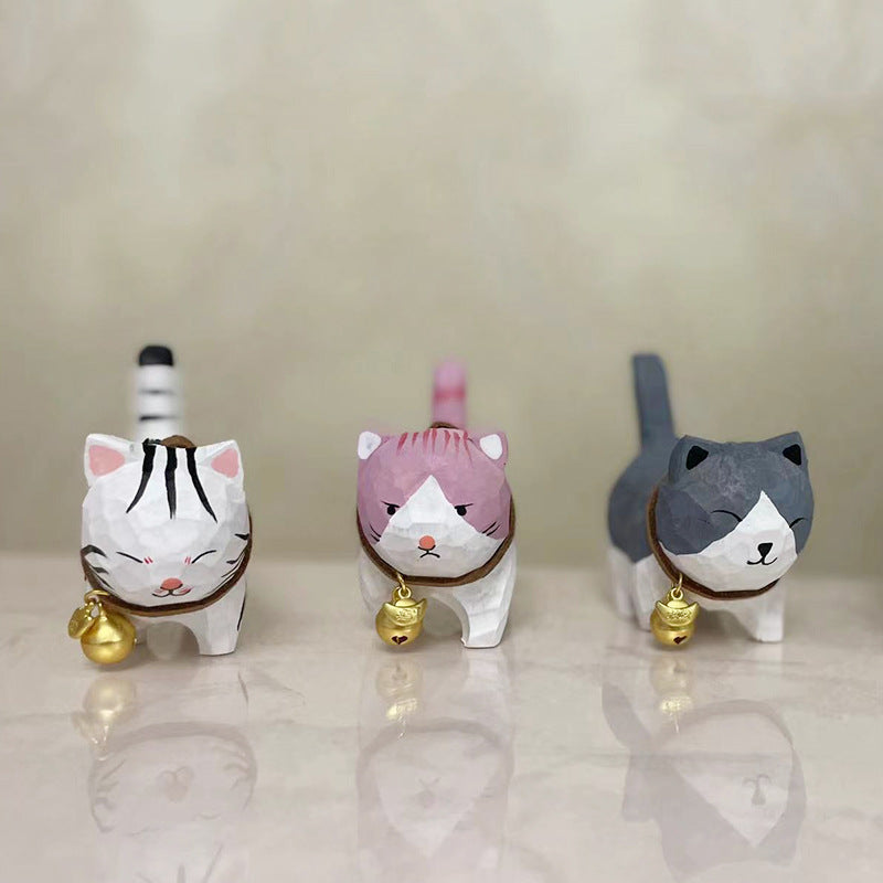 Hand-carved Cats Figurine  with Bells on Necks