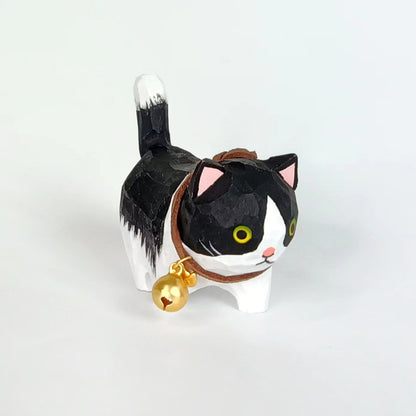 Hand-carved Cats Figurine  with Bells on Necks